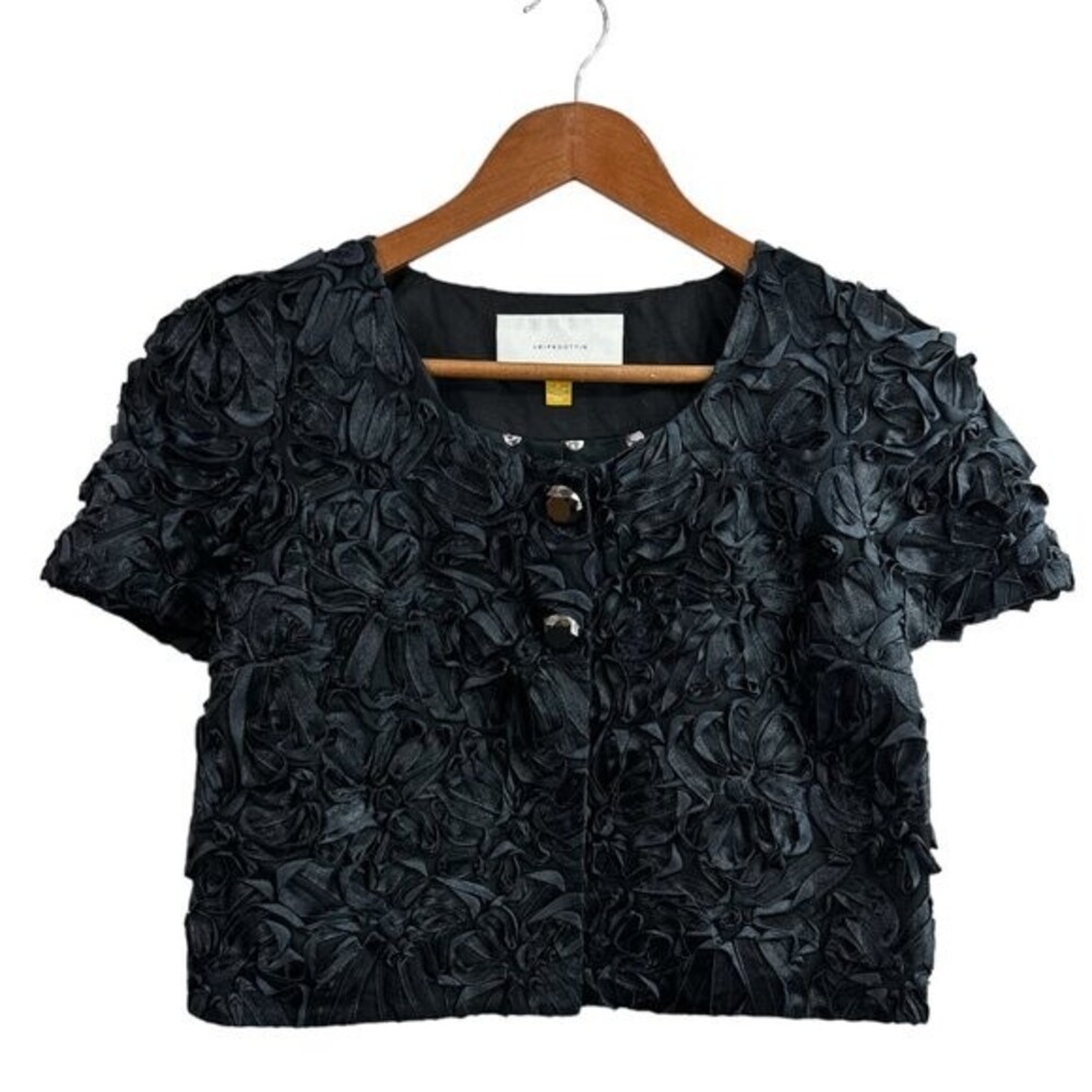 LEIFSDOTTIR Jacket Black Crop Short Sleeve Textured Ribbon Flower Overlay Size 6
